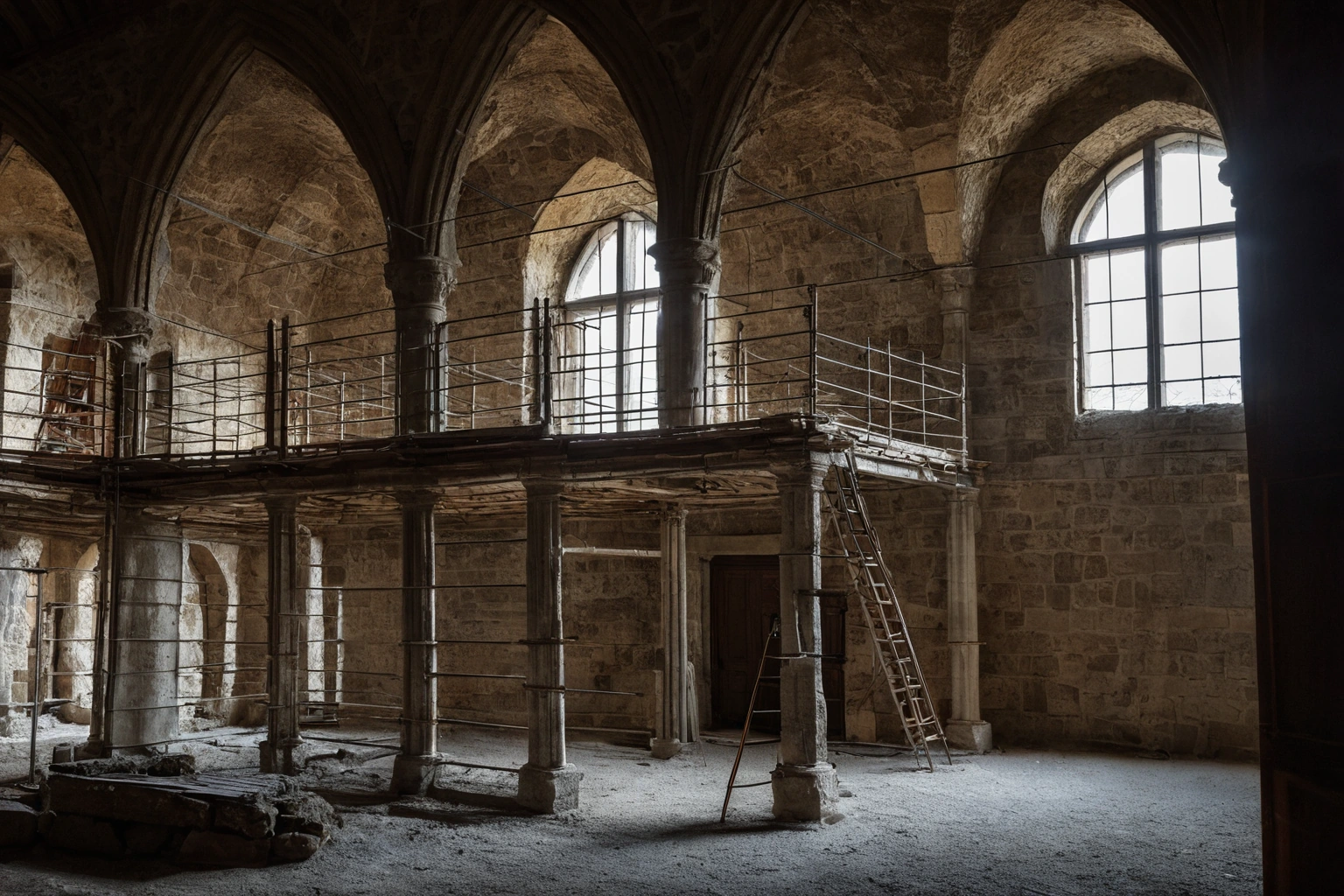 Реставрационные леса и каменная кладка исторического интерьера