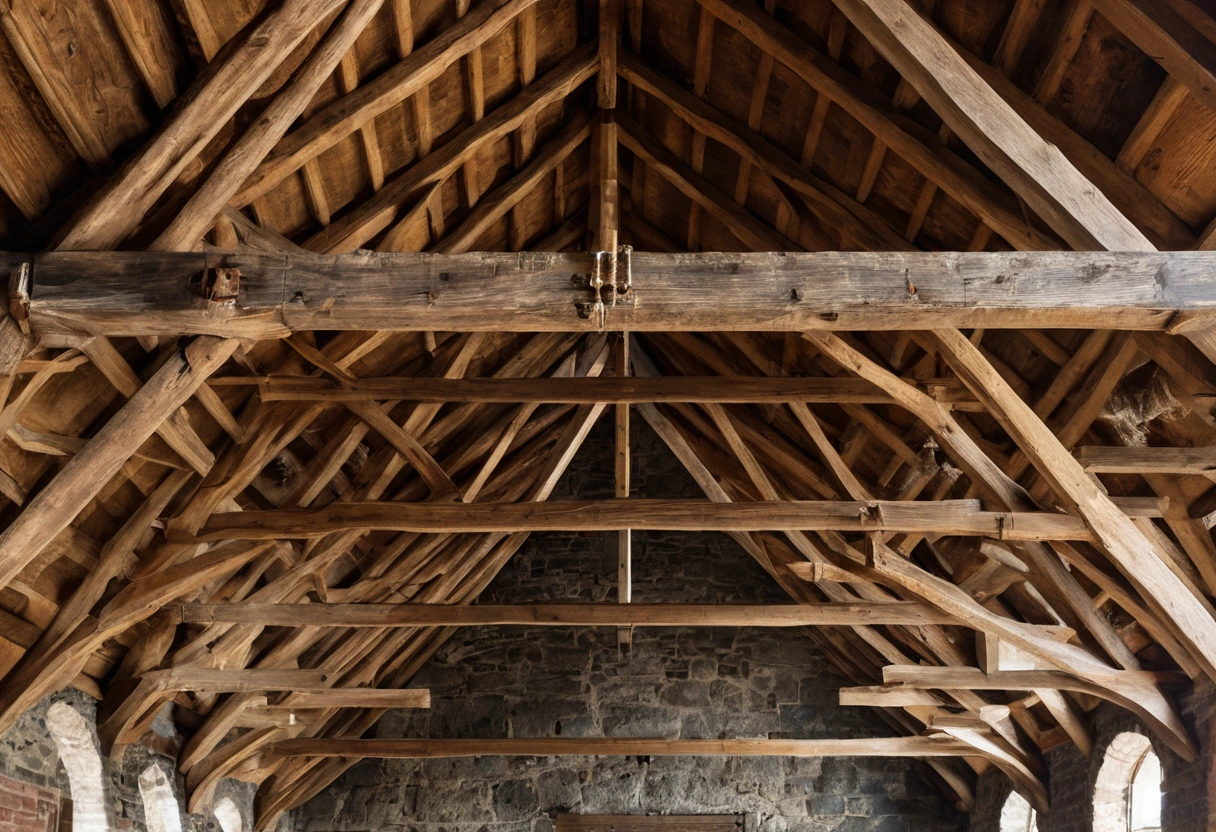 Massive oak roof truss joint with wooden pegs